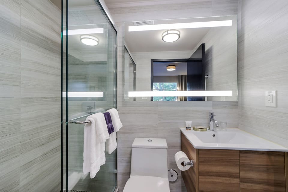 Shower, rainfall showerhead, free toiletries, hair dryer