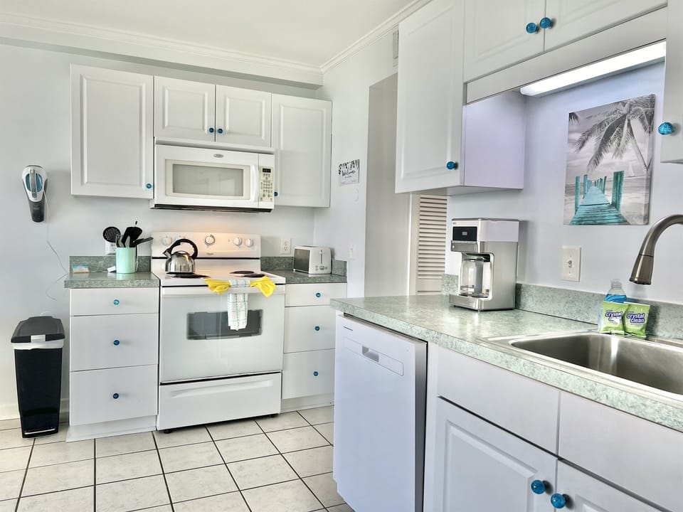All regular size appliances.  We have a new fridge with ice maker, new dishwasher, four burner stove and oven, microwave, coffee maker, toaster, ninja blender, rice maker, dinnerware, and extra cookware