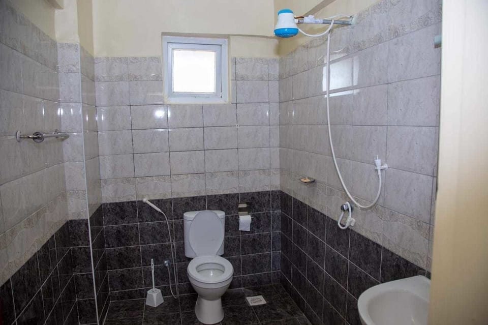 Shower, towels, soap, toilet paper