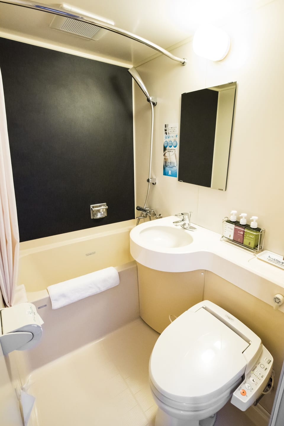Combined shower/tub, free toiletries, hair dryer, slippers