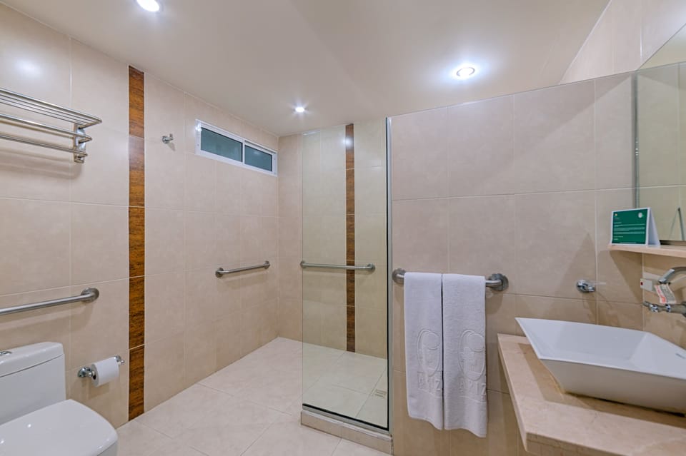 Shower, rainfall showerhead, designer toiletries, hair dryer