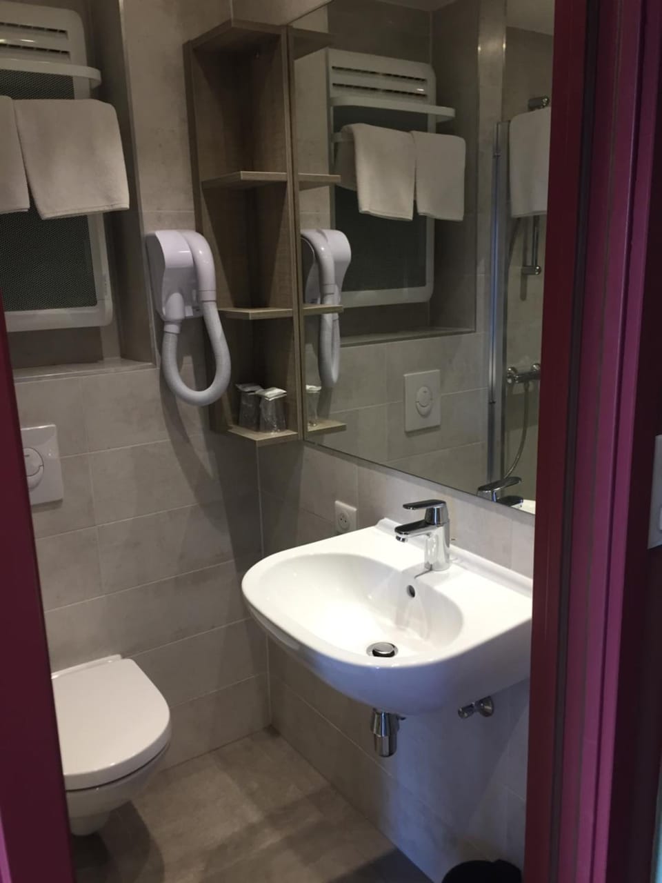 Shower, free toiletries, hair dryer, towels