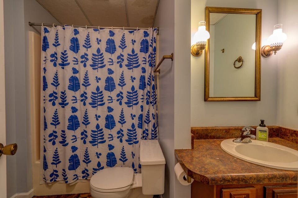 The lower level bath has a tub/shower combo, sink and commode