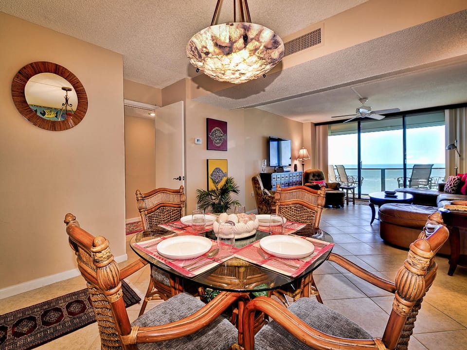 Dining table seats 4 guests.