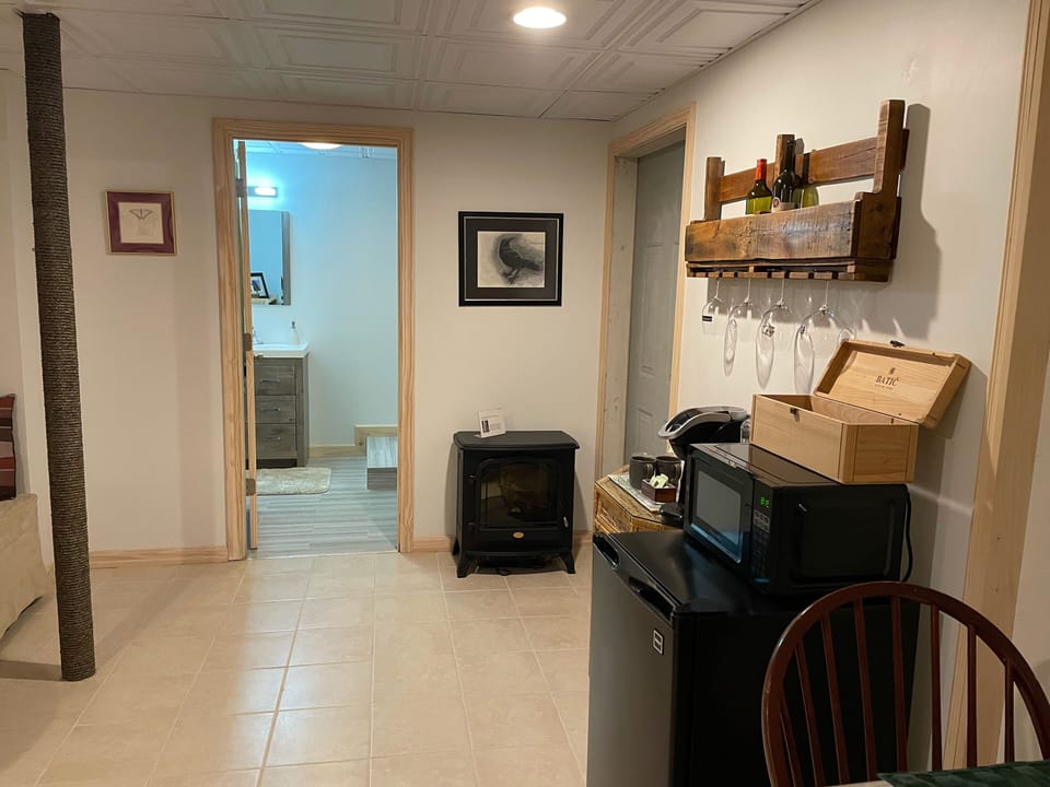 View from table toward bathroom