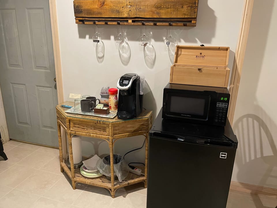 Coffeemaker, fridge, and microwave