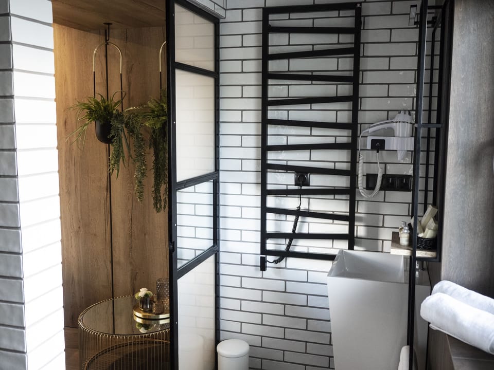Shower, rainfall showerhead, free toiletries, hair dryer