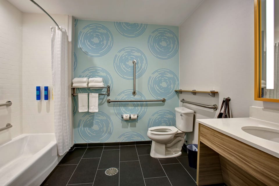 Hair dryer, towels, soap, shampoo