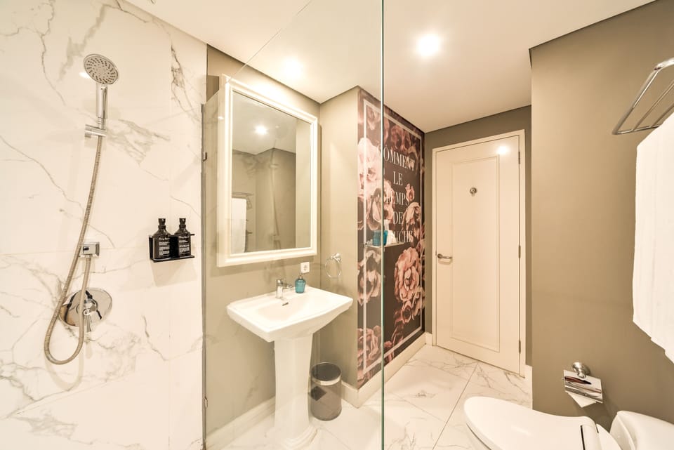 Shower, free toiletries, hair dryer, slippers