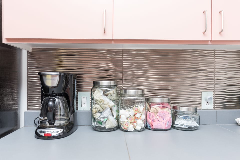 Coffee bar provided for you. Coffee, creamers, sweetners and filters