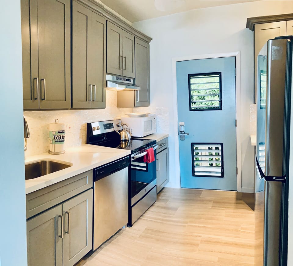 Full kitchen, completely stocked, with full sized appliances. 