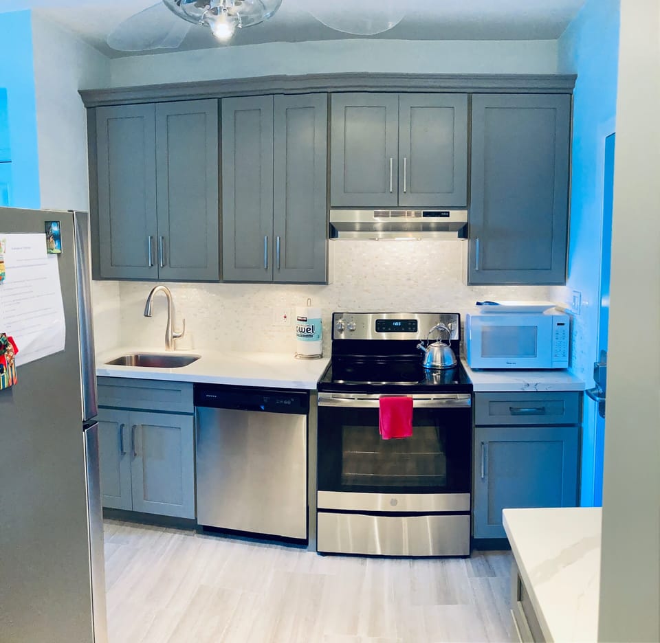 Full kitchen, newly remodeled, stocked, and with full sized appliances