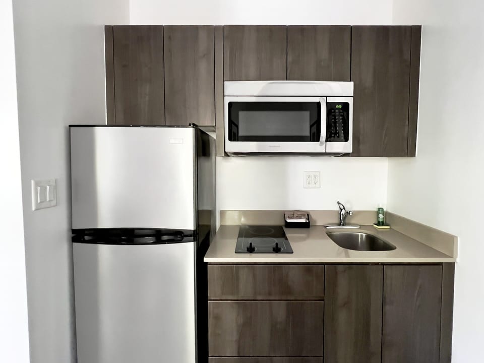 Fridge, microwave, coffee/tea maker, paper towels