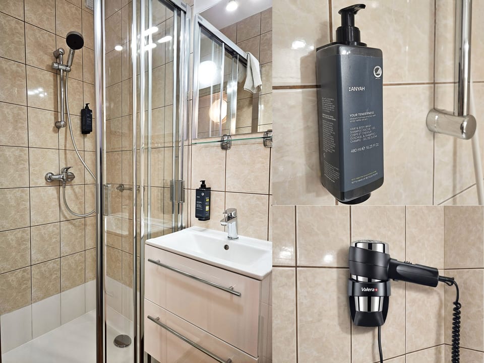 Shower, designer toiletries, hair dryer, towels