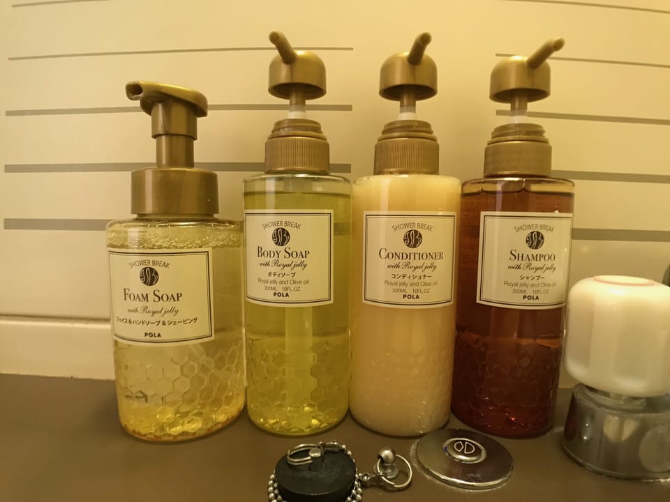 Combined shower/tub, free toiletries, hair dryer, slippers