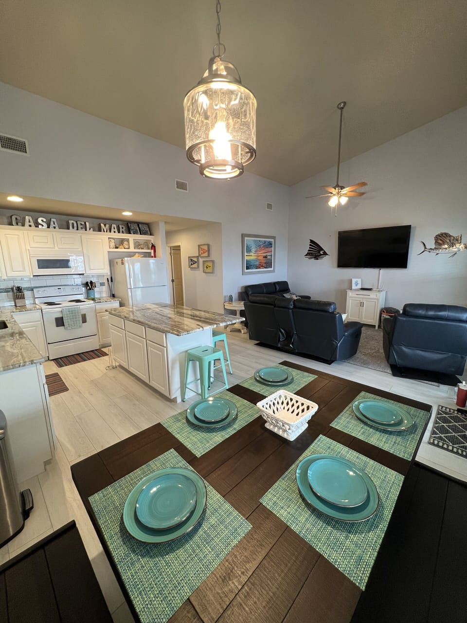Dining table seats six comfortably