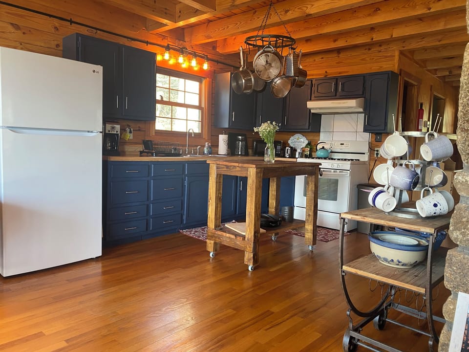 Kitchen area with gas stove and oven, full refrigerator, kitchen island.