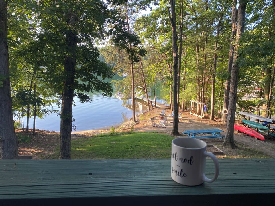 View of lake from middle level deck and breakfast table.