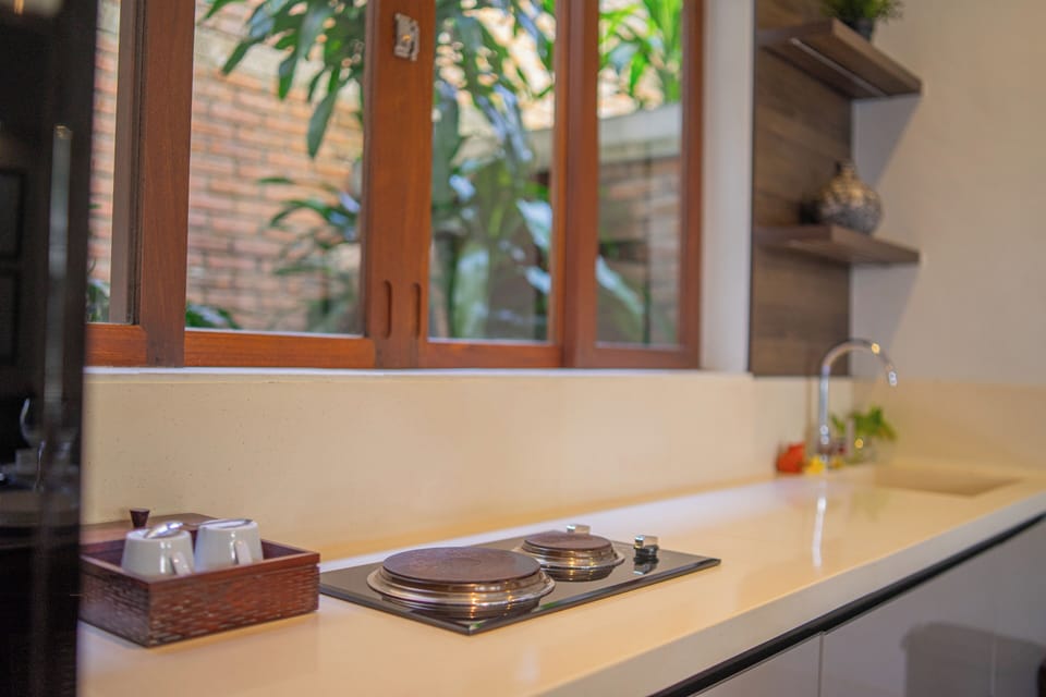 2 Bedroom Apartment with Pool Access | Private kitchen | Stovetop, electric kettle, cleaning supplies, freezer