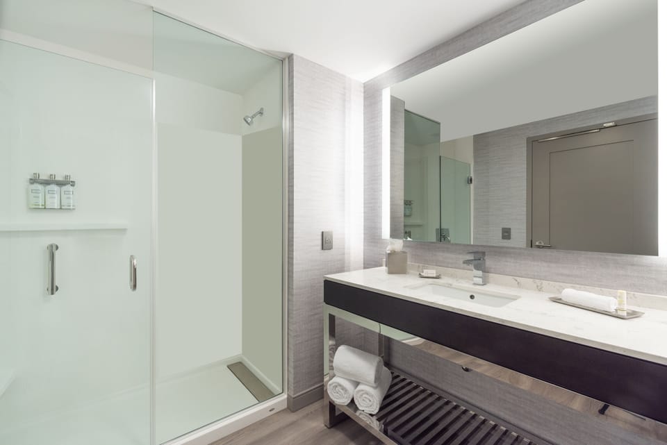 Combined shower/tub, free toiletries, hair dryer, towels