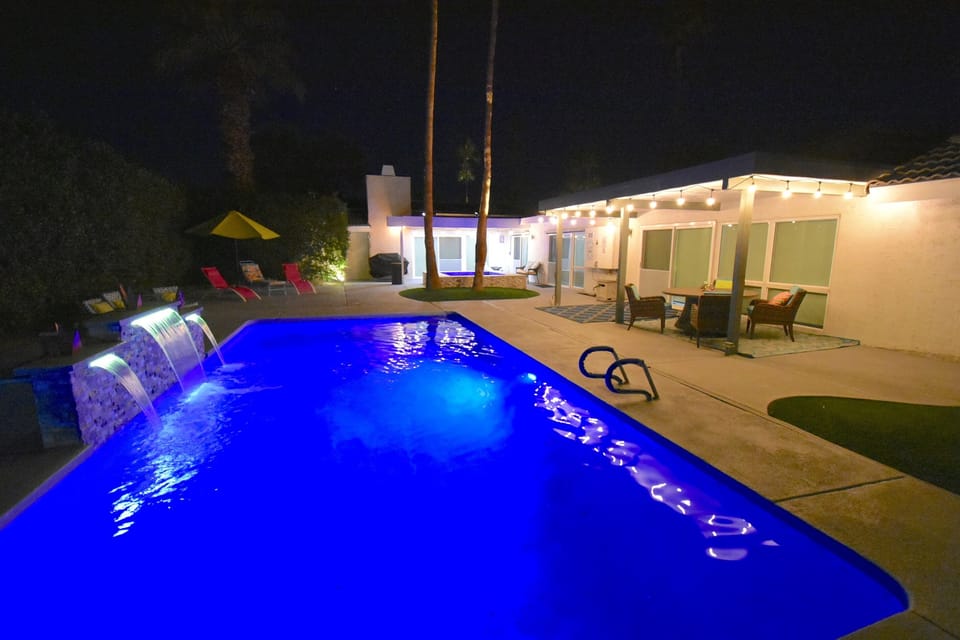 Outdoor pool with beautiful LED light fountain