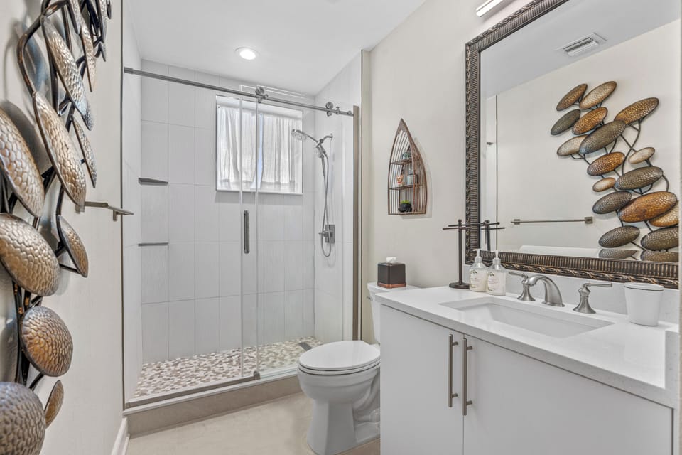 Private bathroom with comfortable walk-in shower. 