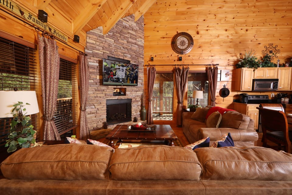 Cabin, Multiple Beds, Hot Tub | Living area | 46-inch flat-screen TV with cable channels, TV, fireplace