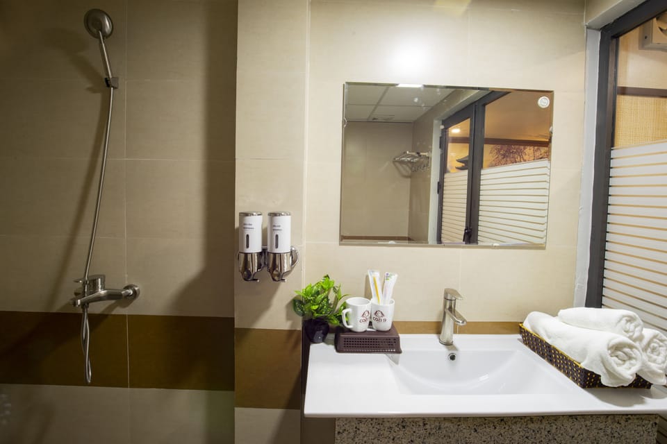 Shower, hydromassage showerhead, free toiletries, hair dryer
