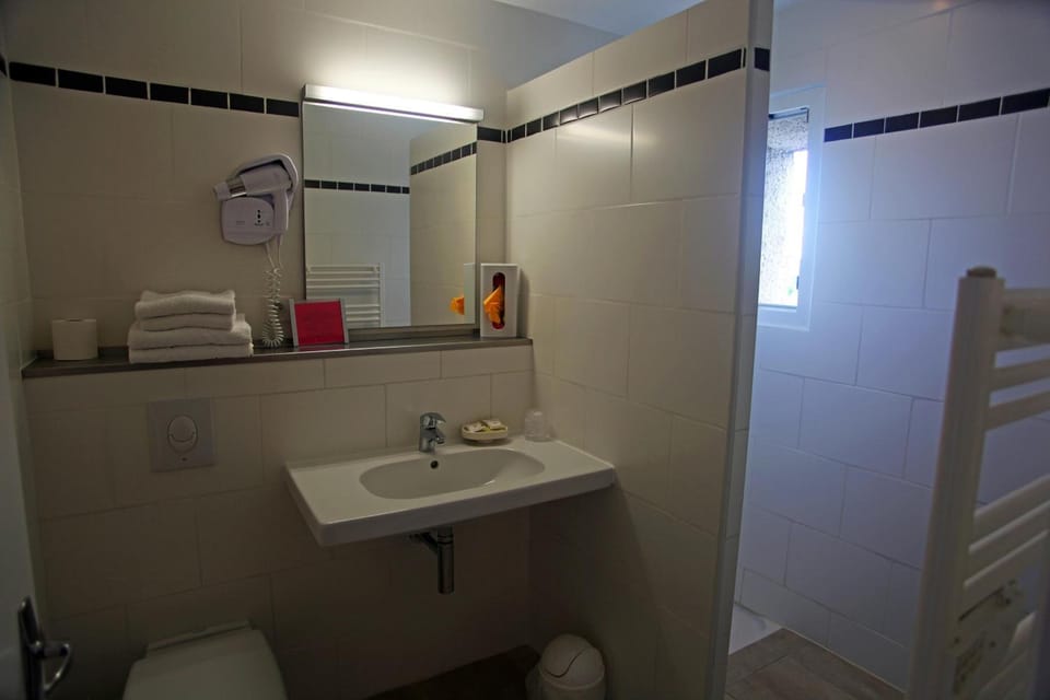 Shower, hair dryer, towels