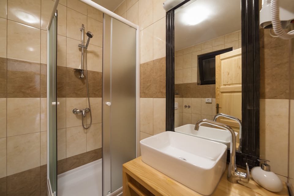 Hair dryer, towels, soap, shampoo