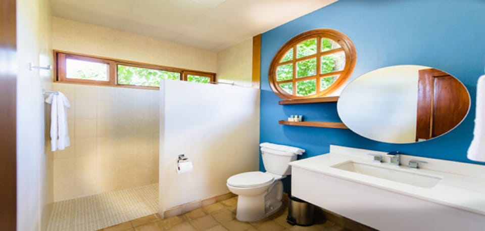 Shower, rainfall showerhead, designer toiletries