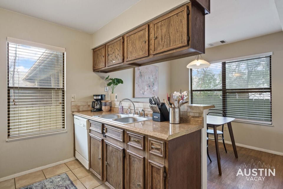 Fully equipped kitchen with all the essentials plus coffee, coffee maker, and dishwasher