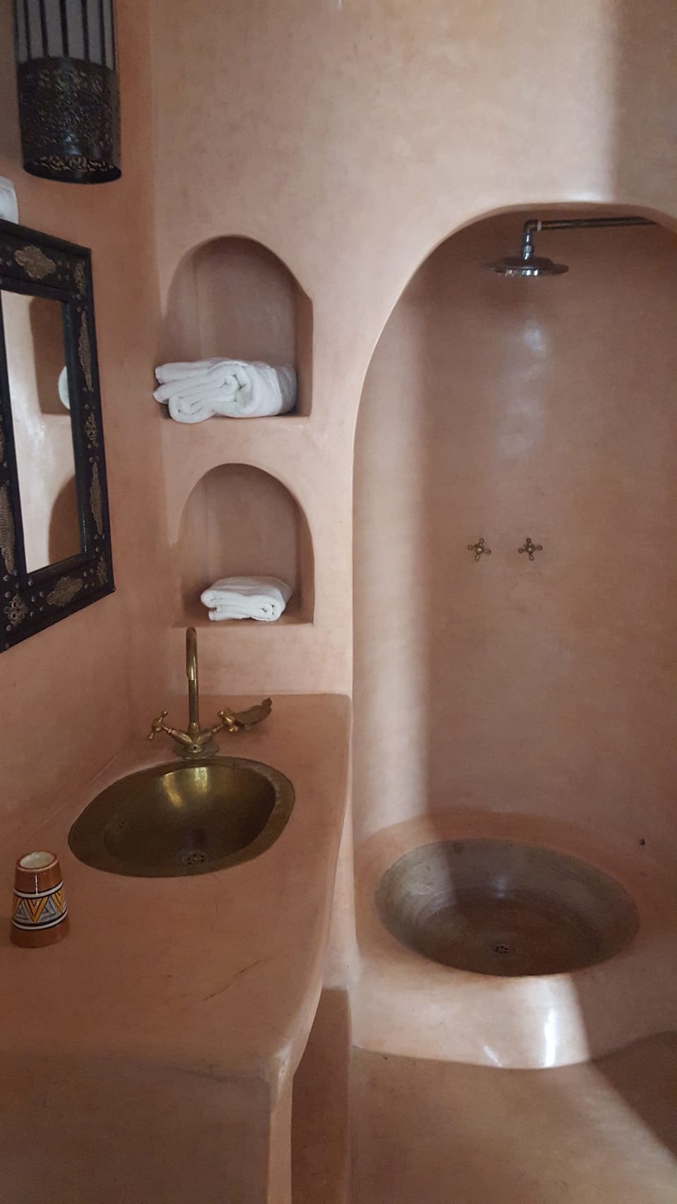Shower, rainfall showerhead, designer toiletries, hair dryer