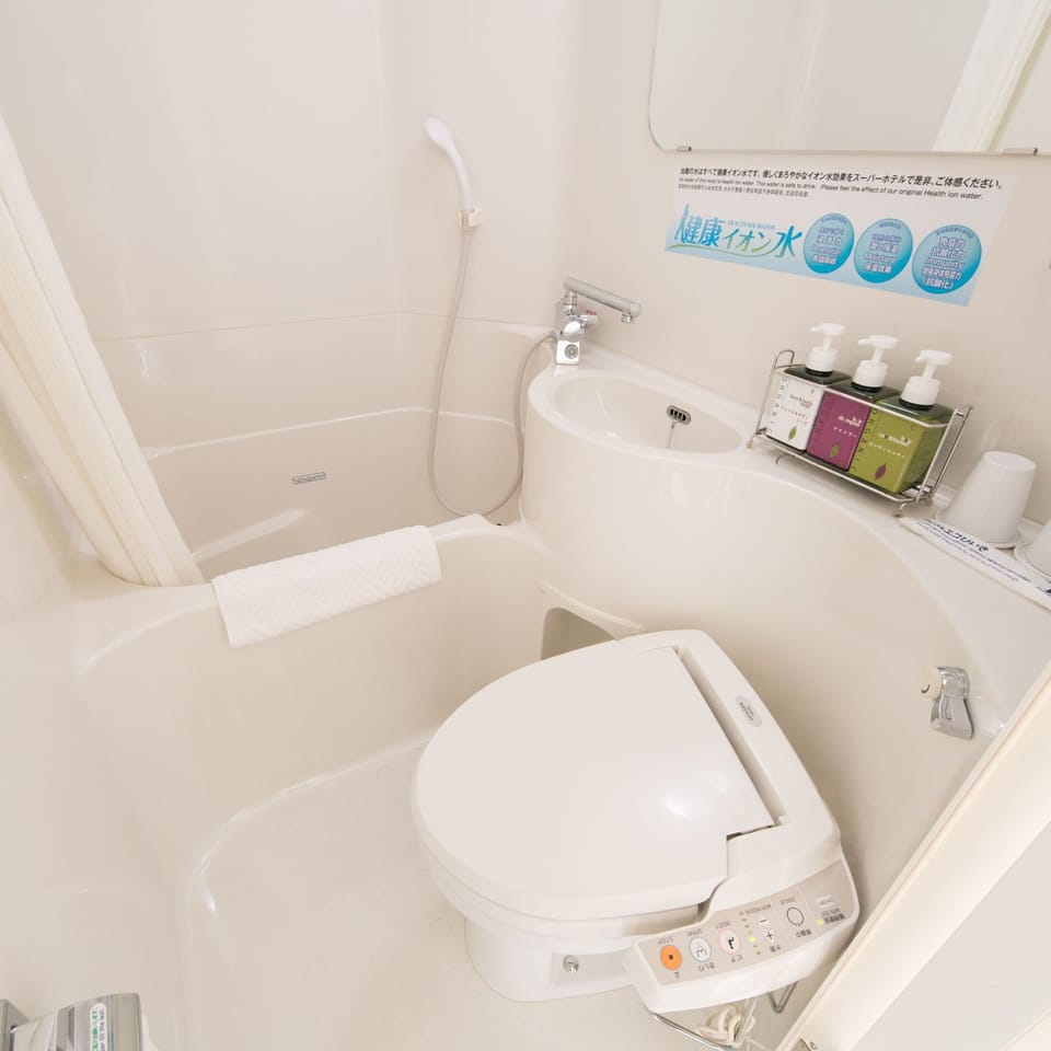 Combined shower/tub, free toiletries, hair dryer, slippers
