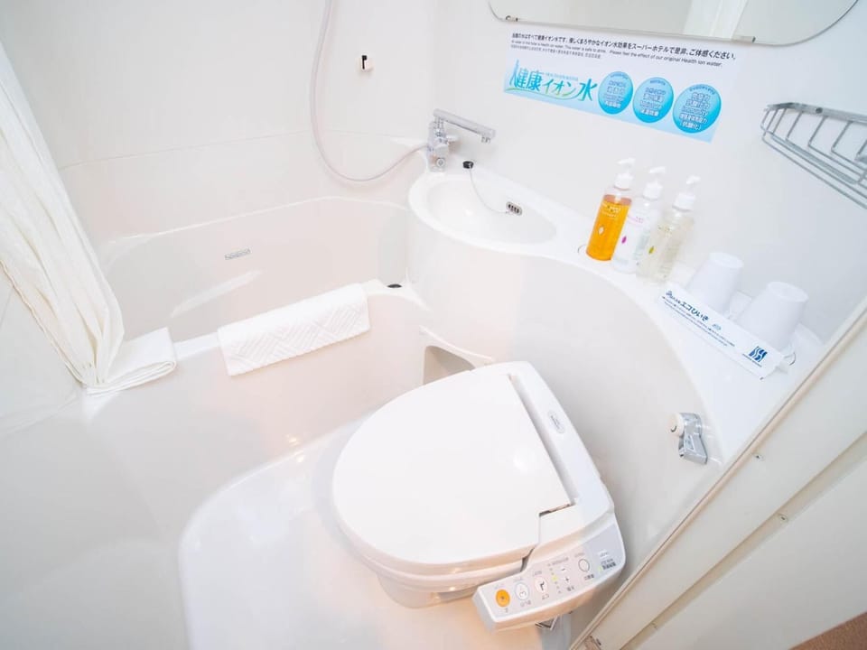 Combined shower/tub, free toiletries, hair dryer, slippers