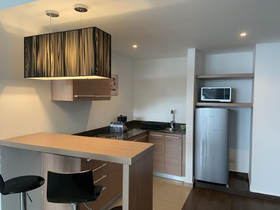 Studio | Private kitchen | Coffee/tea maker, full-size fridge, microwave