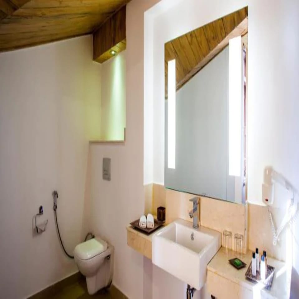 Shower, rainfall showerhead, free toiletries, hair dryer