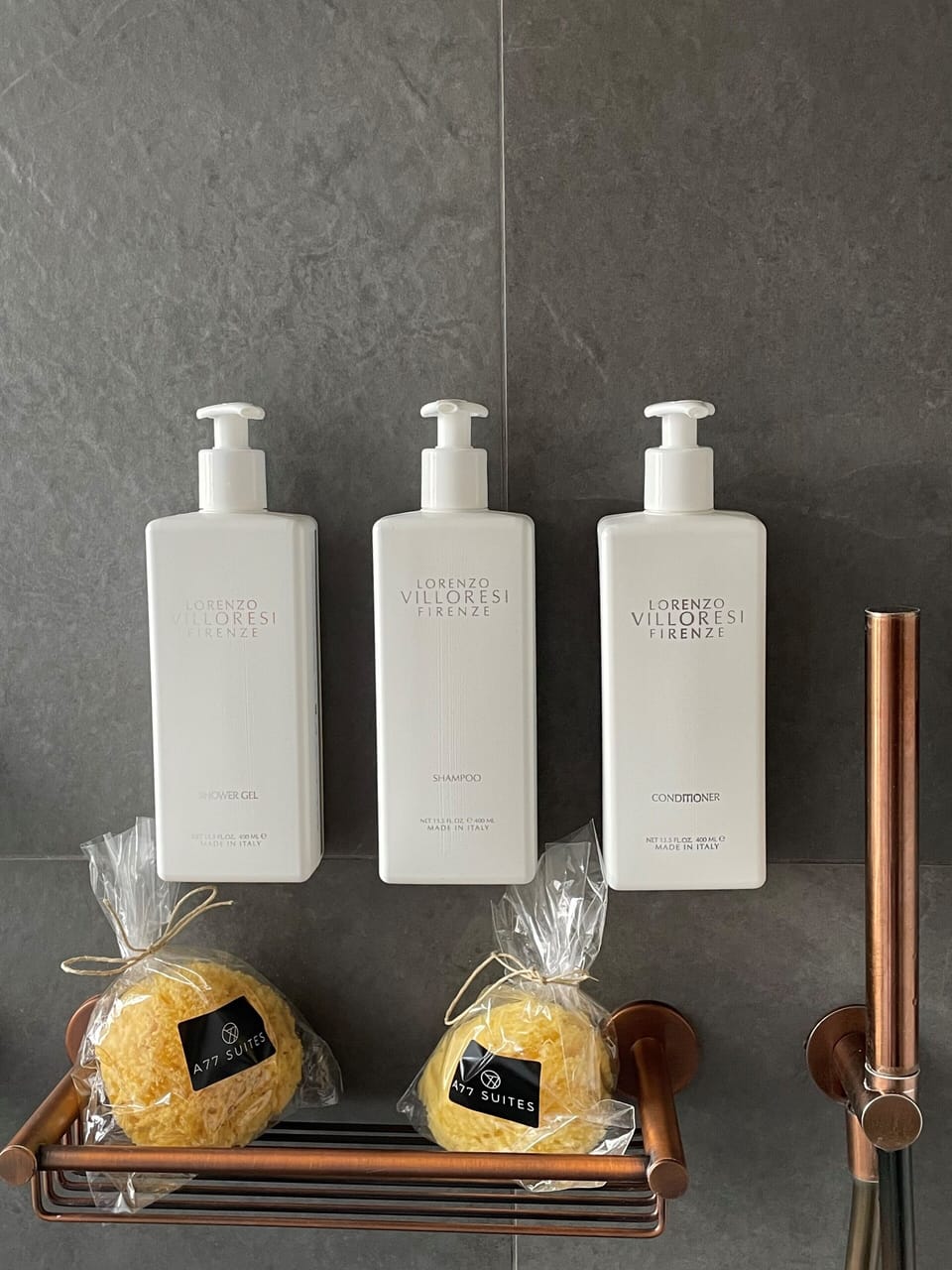 Shower, rainfall showerhead, free toiletries, hair dryer
