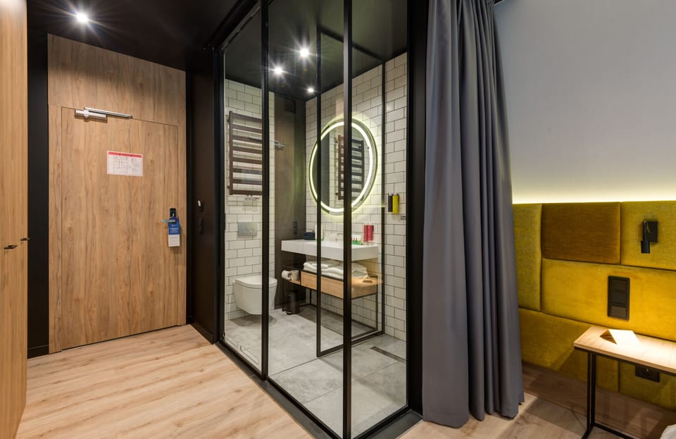 Shower, rainfall showerhead, hair dryer, bathrobes