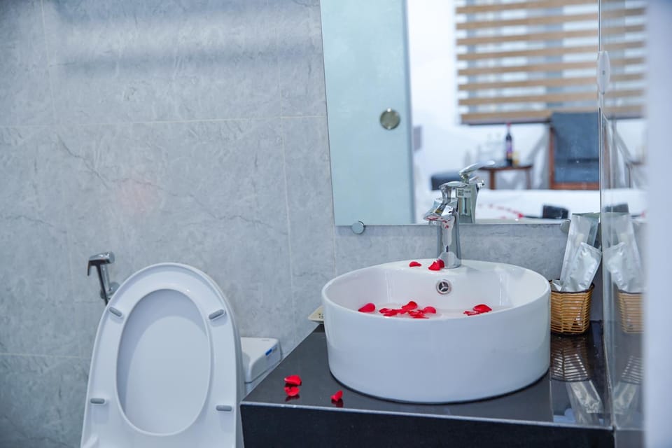 Shower, hydromassage showerhead, free toiletries, hair dryer