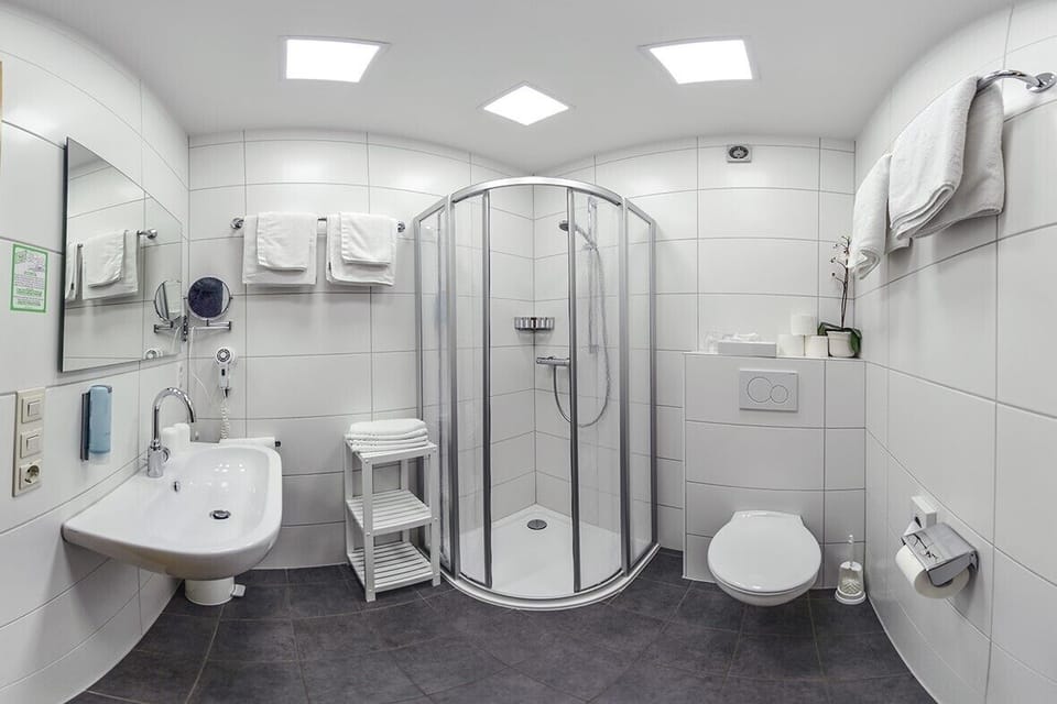 Hair dryer, towels, soap, shampoo