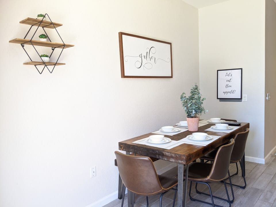 Locally designed wood table and stools 