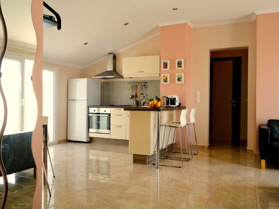 Panoramic Apartment, Sea View | Private kitchen | Fridge, microwave, stovetop, electric kettle