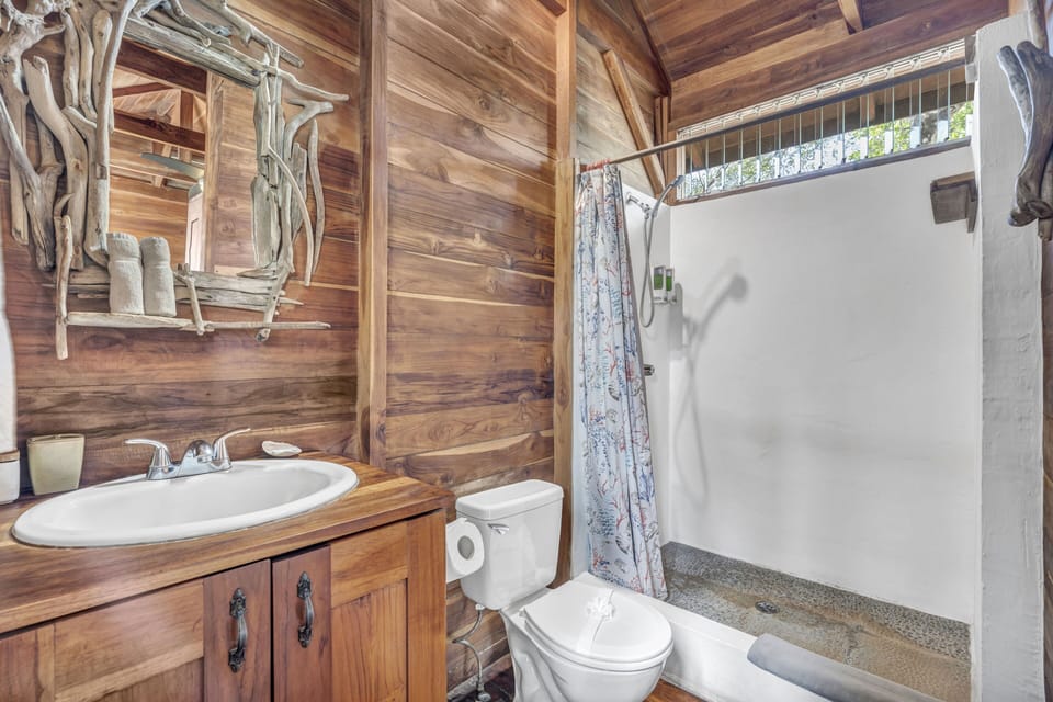 Shower, free toiletries, hair dryer, towels