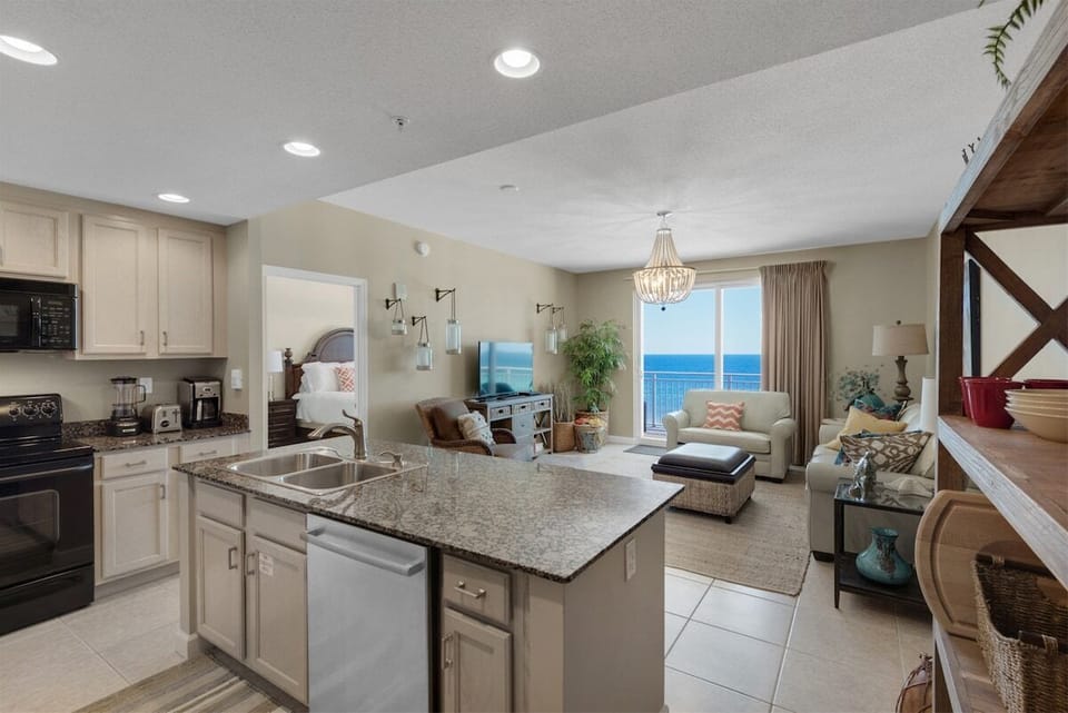 Kitchen looking into the Living Area with Beach view