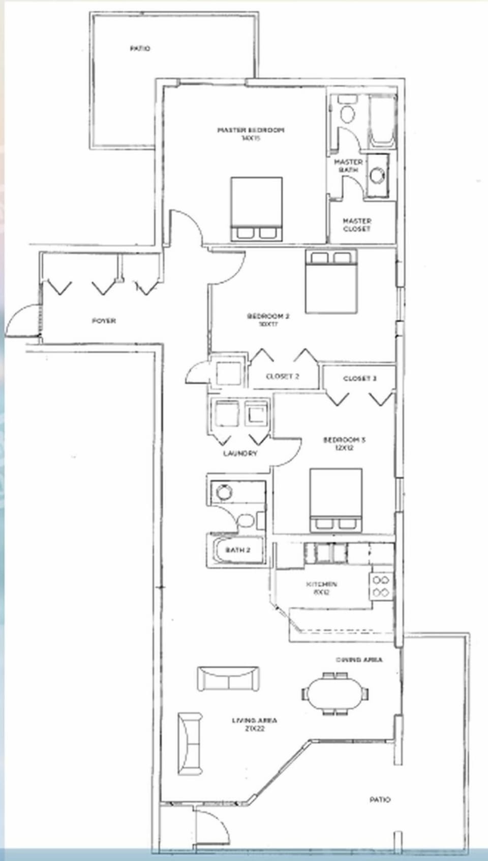 Three-bedroom layout with spacious living area, beach balcony from the living space, and north balcony from the master suite