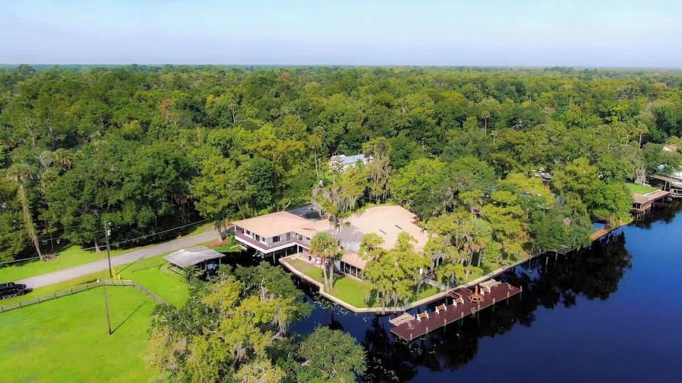 Aerial Photo of River Bend Lodge with Private Dock and Boat Basin