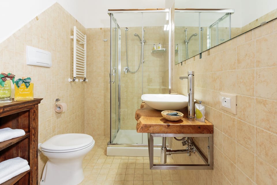 Superior Room (Castagno) | Bathroom | Shower, hair dryer, towels, soap