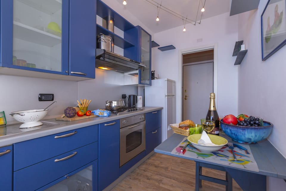 Equipped kitchen with fridge, freezer and coffee table