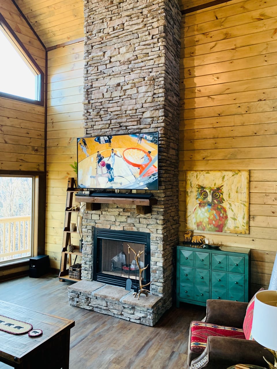 Enjoy the beautiful rock fireplace.  